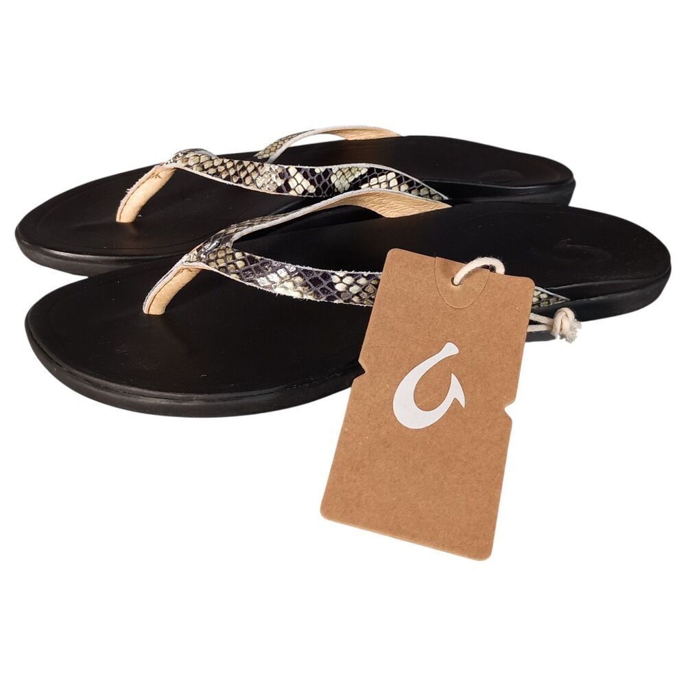 Olukai Ho'opio Sandals Women's 7 Black Tan Leather Snake Comfort Flip Flop Thong